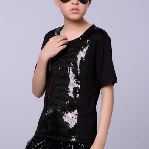 Boys jazz dance t shirts sequin black and white color kids children stage performance singers model show drummer competition tops